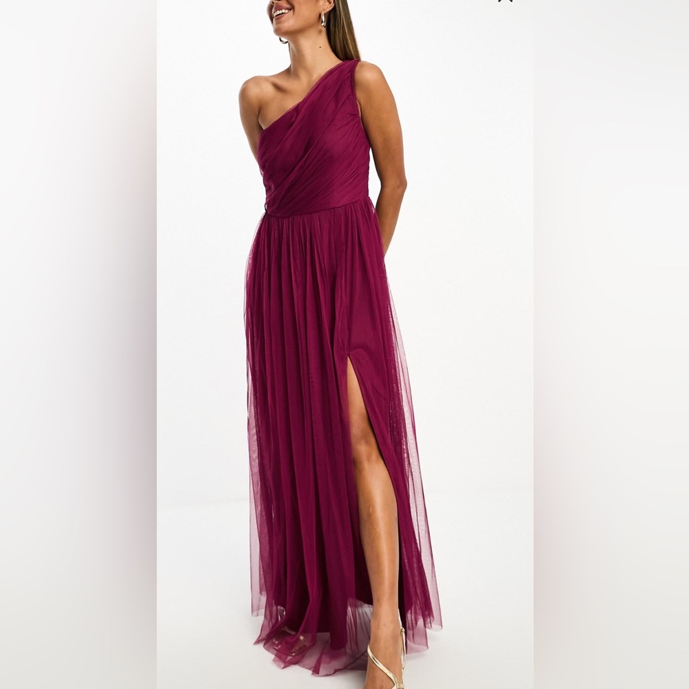 Anaya Bridesmaid tulle one shoulder maxi dress berry